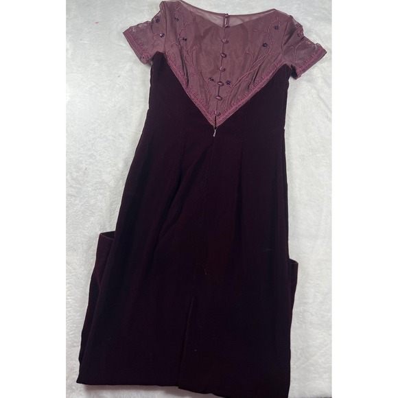 Maggy London Dress Womens 6 Burgundy Velvet Mesh Embroidered Evening Gown Maxi - Picture 12 of 14